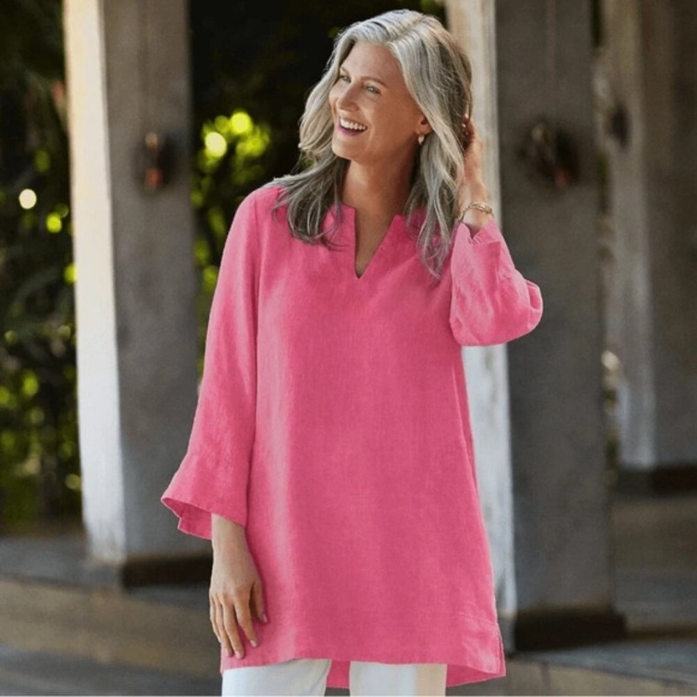Lands End Women's Linen Split Neck 3/4 Sleeve Tunic Top pink Large